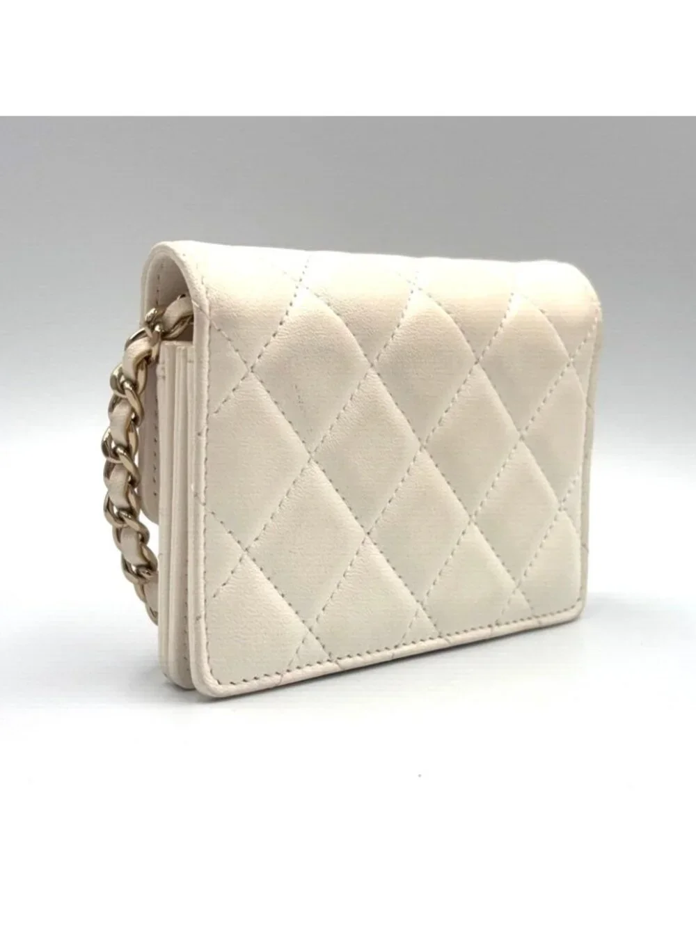 Chanel Quilted Camellia Ribbon Wallet Lambskin Fabric Black White Shoulder